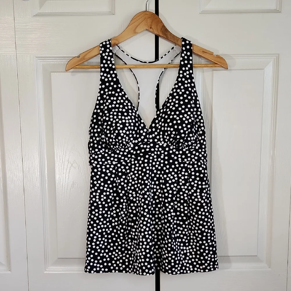 Lands' End Black & White Polka Dot Tankini Top Size 8 Summer Vacation‎ Swimwear